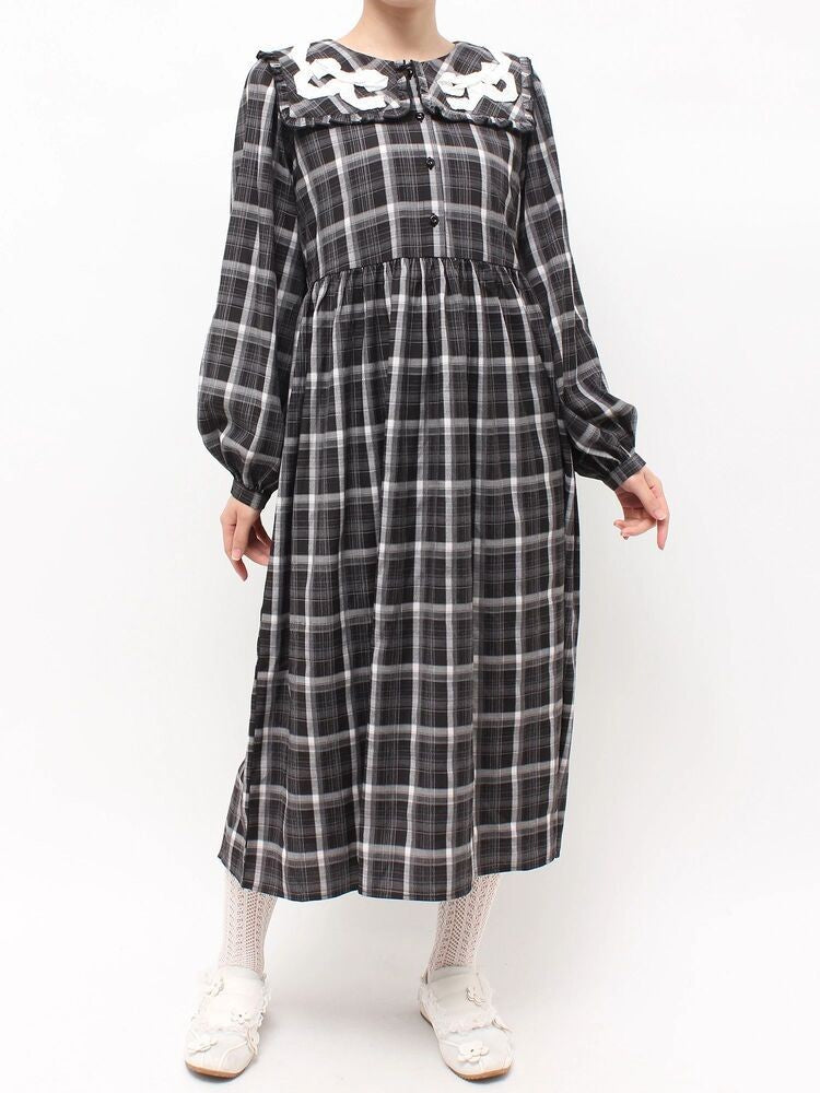 merry jenny｜Ribbon Frill Collar Plaid Dress