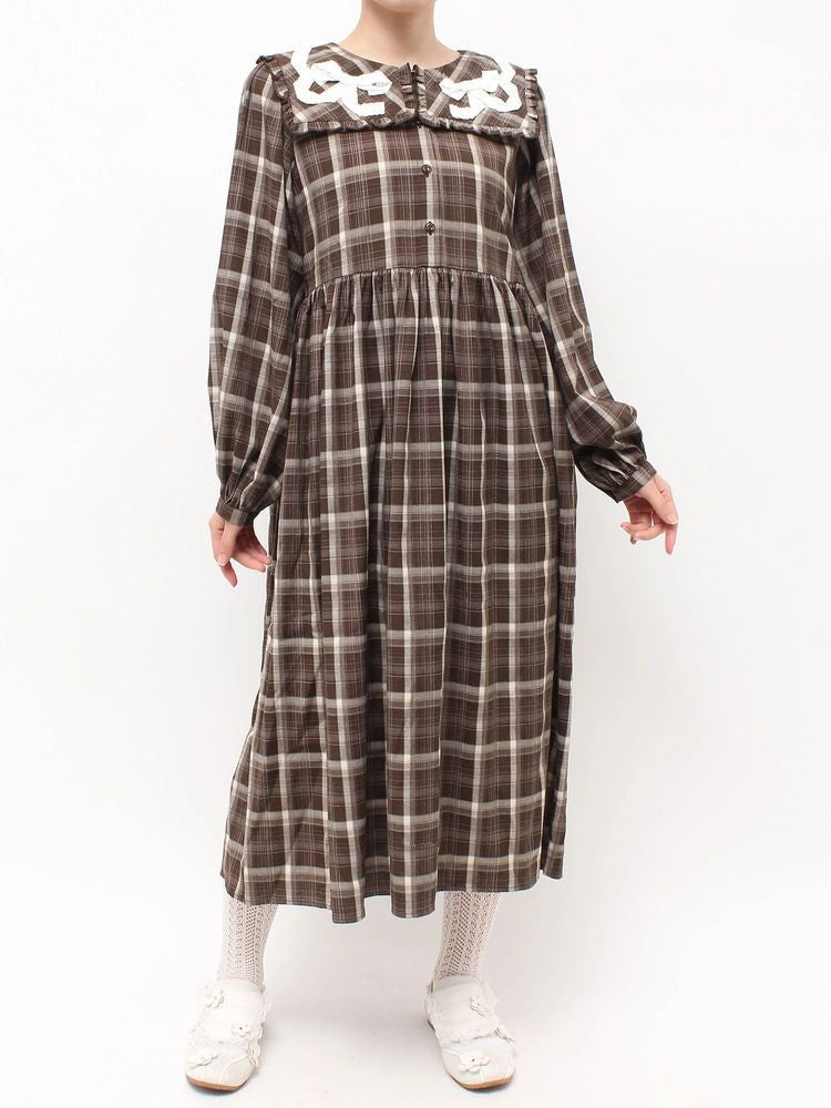 merry jenny｜Ribbon Frill Collar Plaid Dress