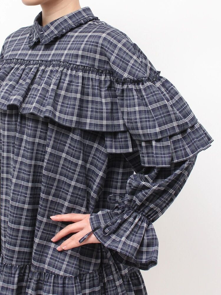 merry jenny｜Plaid Frill Shirt Mini Dress