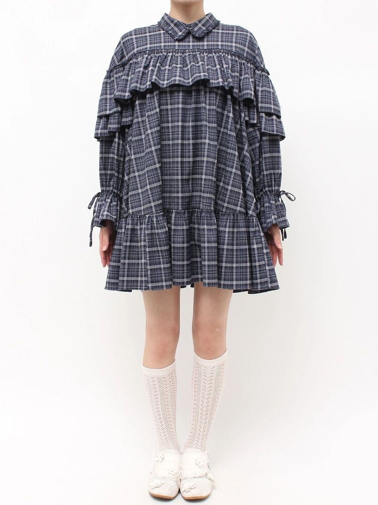 merry jenny｜Plaid Frill Shirt Mini Dress