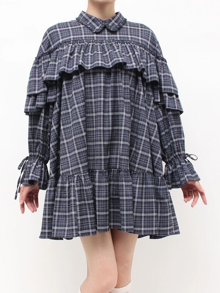 merry jenny｜Plaid Frill Shirt Mini Dress