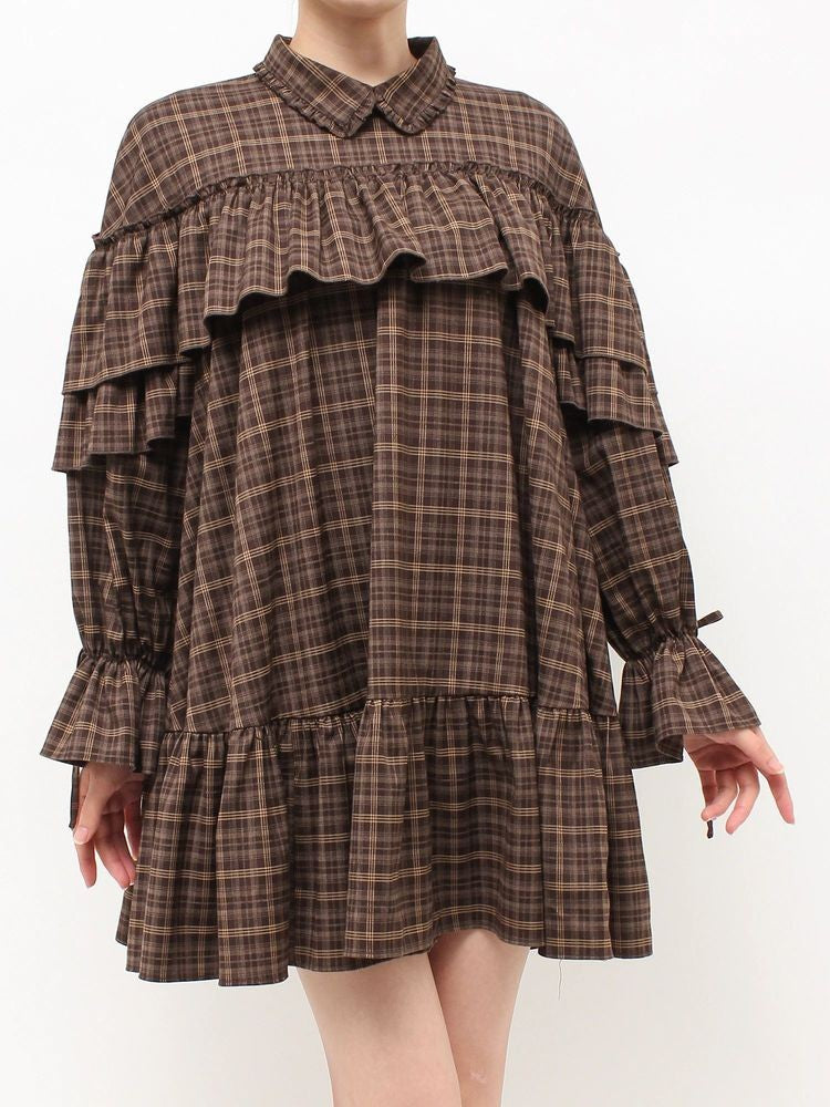 merry jenny｜Plaid Frill Shirt Mini Dress
